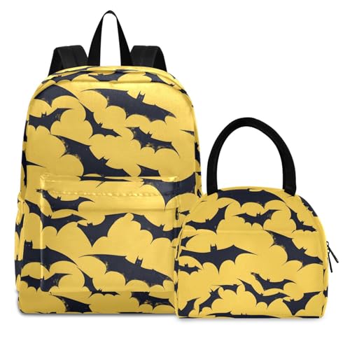 Backpack Lunch Bag Set Yellow Black Bat Halloween Print, Big Storage Travel Backpacks with Insulated Lunch Box for Office Hiking Picnic