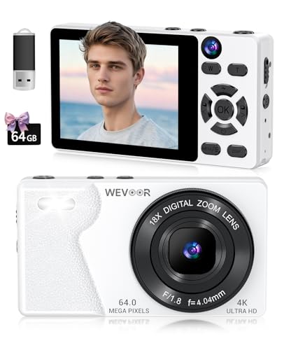 Wevoor 4K Digital Camera for Photography- 64MP Autofocus Vlogging Camera with Dual Lens, 18X Digital Zoom- Small Point and Shoot Camera with Card and 2000mAh for YouTube, Travel, Beginners (White)