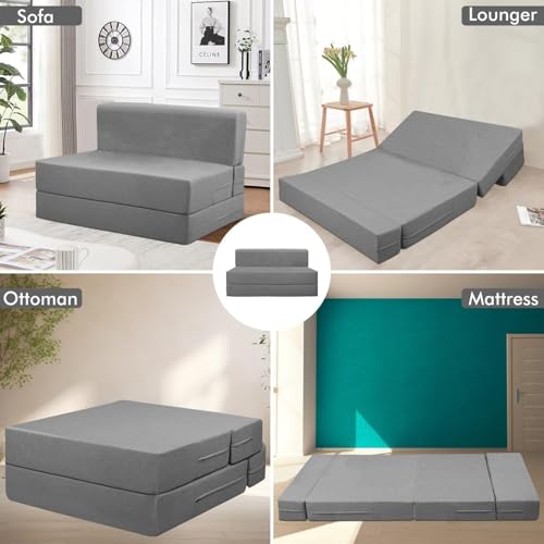 Image of Rosebell 3 Seater Foldable Sofa Cum Bed | 5x6 feet Jute Fabric with Washable Cover & 3 Printed Cushion | Multipurpose Sofa Bed for Living Room - Grey Color