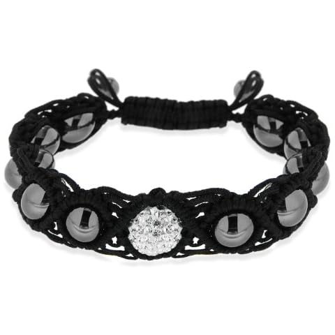 Black Shamballa Black Cord White Crystal and Haematite Bead Bracelet of 24cm/9" Cover