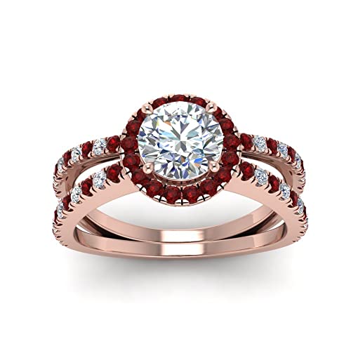 Image of 55Carat Choose Your Gemstone Reverse Split Shank Halo Diamond CZ Ring Rose Gold Plated Round Shape Halo Engagement Rings Matching Jewelry Wedding Jewelry Easy to Wear Gifts US Size 4 to 12