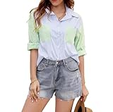 camicia da donna a maniche lunghe con collo a revers a righe in contrasto colore
