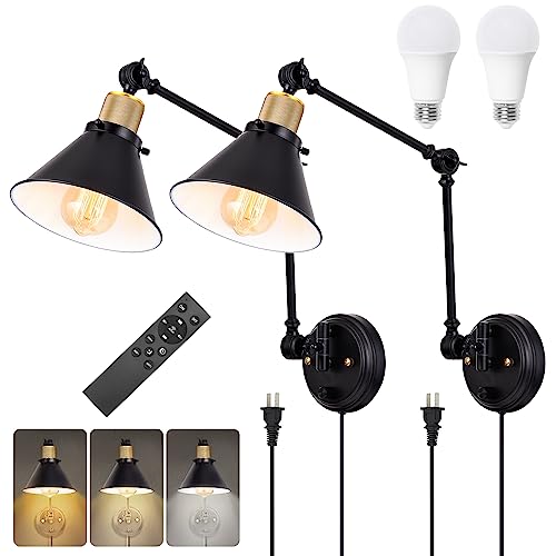Image of TRLIFE Dimmable Wall Sconce, Remote Control Plug in Wall Sconces Dimming 10%-100% and Adjustable Color Temperature 2700K-6000K, Swing Arm Wall Lights with Plug in Cord, UL Listed(2 Pack, 2 Bulbs)