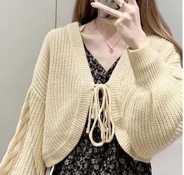 ショートボレロ カーディガン ニットジャケット リボン 白 レースアップ