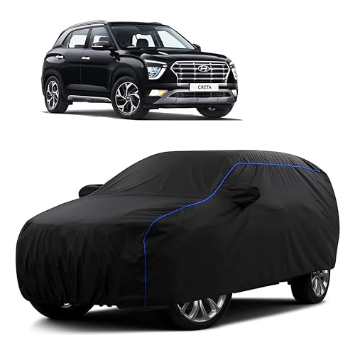 Image of Sulfar 100% Water Resistant Car Body Cover Compatible with Mirror for Hyundai Creta (Triple Stitched, Full Bottom Elastic, Black Tafetta with Blue Piping)