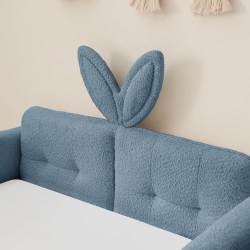 Image of KEIKI Twin Size Upholstered Platform Bed Frame with Cute Rabbit Ear Shaped Headboard and Pocket, for Boys and Girls, Platform Bed with Guardrail and Slats, No Box Spring Required, Easy Assembly, Blue