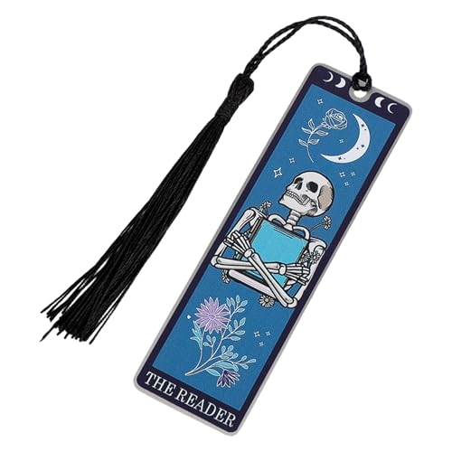 Gothic Skeleton Tarot Metal Bookmark, Creative Skull Bookmark with Tassels for Women Men Book Lovers Funny Horror Book Accessory for Christmas Halloween Birthday Gifts (Blue)