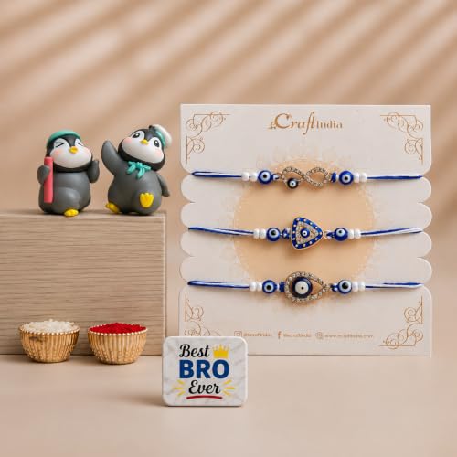Image of eCraftIndia Set of 3 Evil Eye Rakhi for Brother with Best Bro Ever Fridge Magnet, Blue Nazar Rakhi Combo with Roli Chawal for Raksha Bandhan