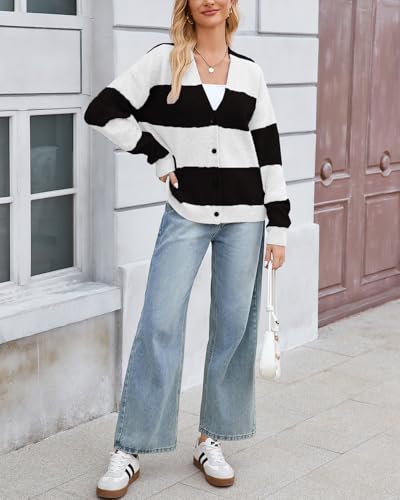 Image of YEXPINE Unisex Striped Cardigan Sweaters Open Front Long Sleeve Oversized Button V Neck Knit Outwear