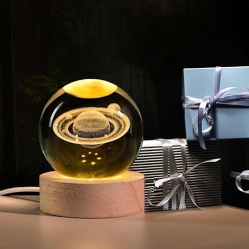 Image of Rangoli Saturn Black & White Engraved Crystal Ball with LED Light Base - 3D Laser Engraved Decorative Night Lamp for Home Decor, Office Desk, Gift.