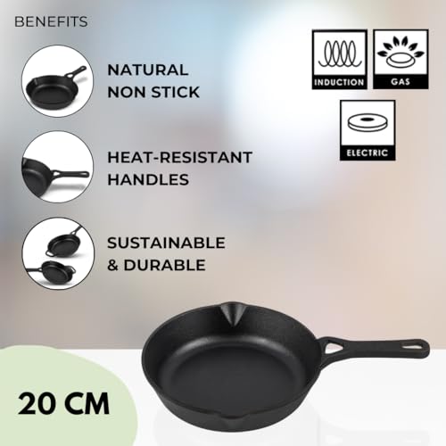Image of Pencil Pre-Seasoned Iron Skillet /Fry Pan with Handle 20 cm | Cast Iron | Compatible with Gas Stoves & Induction | Naturally Nonstick | 100% Pure & Toxin-Free | No Chemical Coating | Black