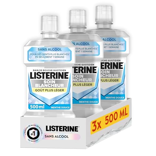 Listerine – Bain de bouche Soin Blancheur Goût Plus Léger 0% alcool (lot de 3 bouteilles de 500 ml) – Bain de bouche blancheur menthe douce – Sans...