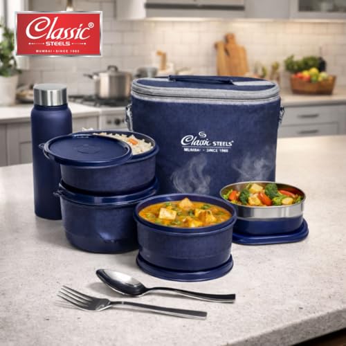 Image of Classic Steels Urban Premium Steel Lunch Box Set of 7 with Insulated Carry Bag Includes 4 Microwave Safe Leak-Proof Containers 1100 ml & 500ml Steel Bottle | BPA Free, Food Grade with Heavy Cutlery