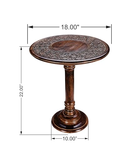 Wooden End Table for Living Room - 18x22 Burnt Finish Carved Side Table, Single Pillar Nightstand, Bedside Table for Books, Plants, Magazines, Small Space Accent Table - Image 3