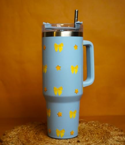 Image of 1200ML Stainless Steel Tumbler Hot and Cold with Handle and Lid and 2 Straws, Double Insulated Cup Leak Proof Mug Cupholder for Gym, Travelling (yellowbows)