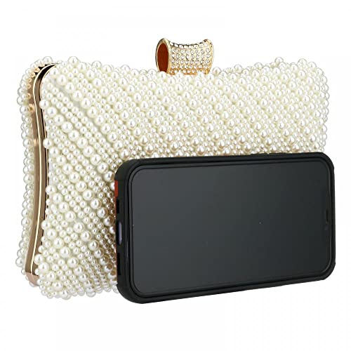Tmore Women Pearl Clutch Purse Beaded Bride Evening Handbag for Wedding Prom with Chain, White, One Size - Image 3