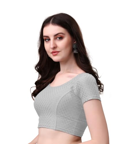 Image of Mogsa Women's Stretchable Dobby Cotton Lycra Saree Blouse | Readymade Stitched Blouse | Round Neck | Short Sleeve | Soft & Comfortable Ethnic Blouse for Saree Wear