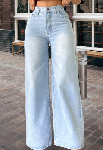 Image of Women's Straight Leg Jeans High Waisted Wide Leg Stretchy Baggy Denim Pants