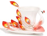 HindaWi Hand Crafted Porcelain Enamel Graceful Peacock Tea Coffee Cup Set with Saucer and Spoon, Red