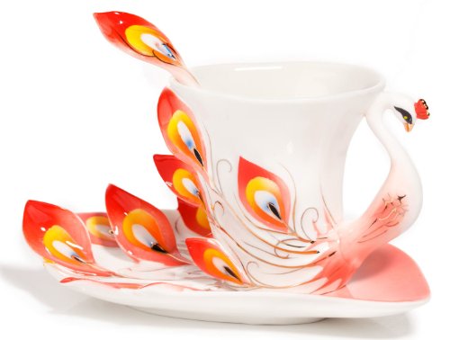 HindaWi Hand Crafted Porcelain Enamel Graceful Peacock Tea Coffee Cup Set with Saucer and Spoon, Red