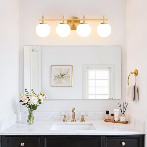 Image of MOKATNG 4-Light Bathroom Light Fixtures, Brushed Gold Vanity Lights for Bathroom with Milky White Glass Shade, Bathroom Lighting Fixtures Over Mirror, Wall Sconce for Bedroom (Bulb Not Included)