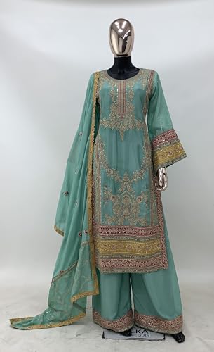 Image of Miss Ethnik Women's Yellow Color Chinon Embroidered Kurta Palazzo Set With Embroidered Dupatta (ME-1140-Yellow)