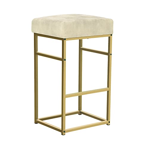 GIA 30-Inch Bar Height Square Backless Metal Stool with Beige Velvet Cushion, Gold, Set of 1 -  M06-30BEVEL-GD_1_VC
