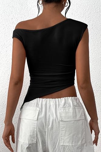 PRETTYGARDEN Womens 2025 Summer Off The Shoulder Crop Tops Sleeveless One Shoulder Ruched Asymmetrical Y2K Going Out Tank Top2