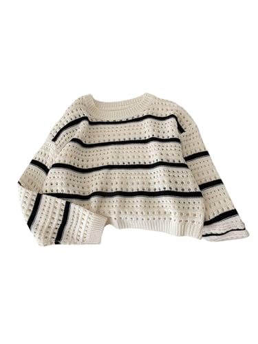 SHENHE Girl's Striped Sweater Hollow Out Crew Neck Loose Knit Crop Top Sweater Pullover