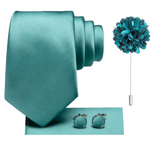 Image of Hi-Tie Solid Teal Green Ties for Men Silk Woven Necktie and Lapel Pin Pocket Square Cufflinks Sets Formal Business Wedding