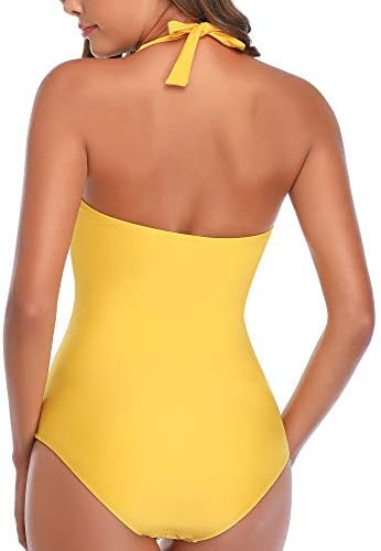 Smismivo Tummy Control Swimwear Yellow Halter One Piece Swimsuit Ruched Padded Bathing Suits for Women Slimming Vintage Bikini — view 2