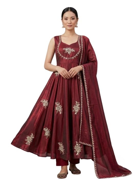 Women's Beautiful Heavy Fendy Silk with Embroidery Work Gown Pant & Dupatta Set Anarkali Gown, Sleeveless Ethnic Gown and Dupatta Set Gown for Wedding-picture-12