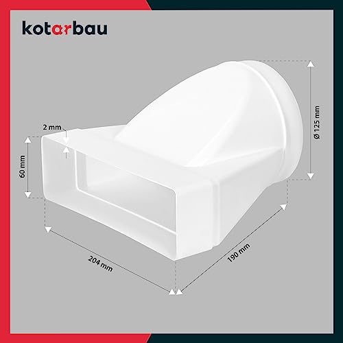 KOTARBAU® Rechteckiger Rohrverbinder 60 x 200 mm für Rundrohr ⌀ 125 mm Kunststoff Adapter Rohrverbinder Abluftkanal Reduzierstück für Lüftungssysteme Weißes Flachkanal auf Rundrohr Übergangsstück