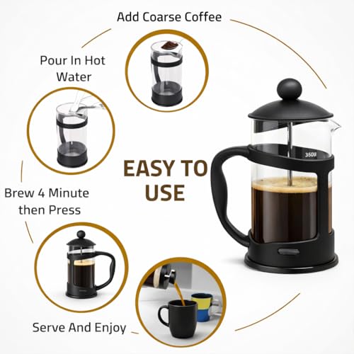 Image of GLOW Classic Continental 350ml Black Cafetiere - Premium Manual 1 Cup French Press Coffee Maker with Toughened Shockproof Glass Pot and Plunger Filter for Ground Beans Espresso Tea