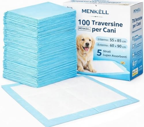 100 Traversine Cani Igieniche 60x90 cm – 5 Strati Super Assorbenti con Gel, Asciugatura Rapida, Senza Perdite, E Inodore per Cuccioli e Cani Anziani, Casa e Auto