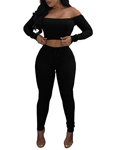 Dreamparis Women's Causal 2 Piece Outfits Ribbed Off Shoulder Crop Top + Skinny Pants Sets Clubwear X-Large Black