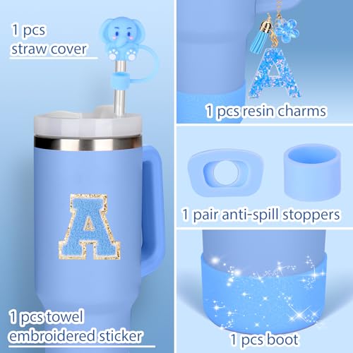 Mity rain Cup Accessories Set for stanley 30 oz 40 oz tumbler with handle, Including Initials Charms, Straw Cover Cap, Boot, Sticker, Silicone Spill Proof Stopper,Blue Decorate for Boy Girl (Letter A)