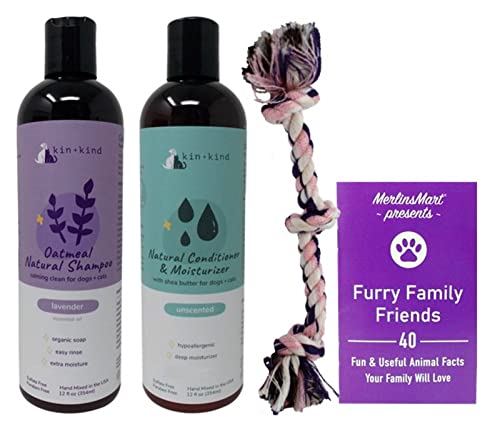 Merlinsmart Kin And Kind Natural Dog Cat Shampoo And Conditioner Combo - Oatmeal Lavender Shampoo, Unscented Shea Butter Moisturizing Conditioner (12 Ounces) - Plus Rope Toy And Fun Animal Facts Booklet Bundle cover