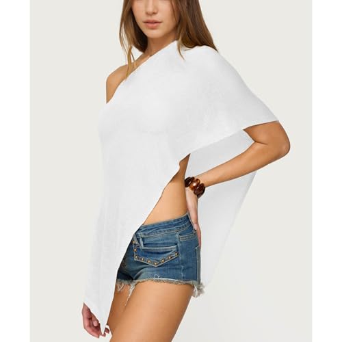 Women Cover Up One Shoulder Knit Asymmetric Shrug Pullover Sweater Trendy Beach Vacation Sheer Poncho Mesh Blouse3
