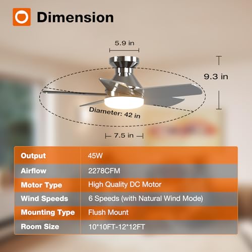 Image of addlon Ceiling Fans with Lights, 32 inch Low Profile Ceiling Fan with Light and Remote Control, Flush Mount, Reversible, 3CCT, Dimmable, Quiet, Nickel Small Ceiling Fan for Bedroom Indoor /Outdoor Use