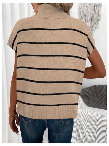 WDIRARA Women's Striped Turtleneck Sweater Vest Cap Sleeve Pullovers Loose Oversized Knit Top2