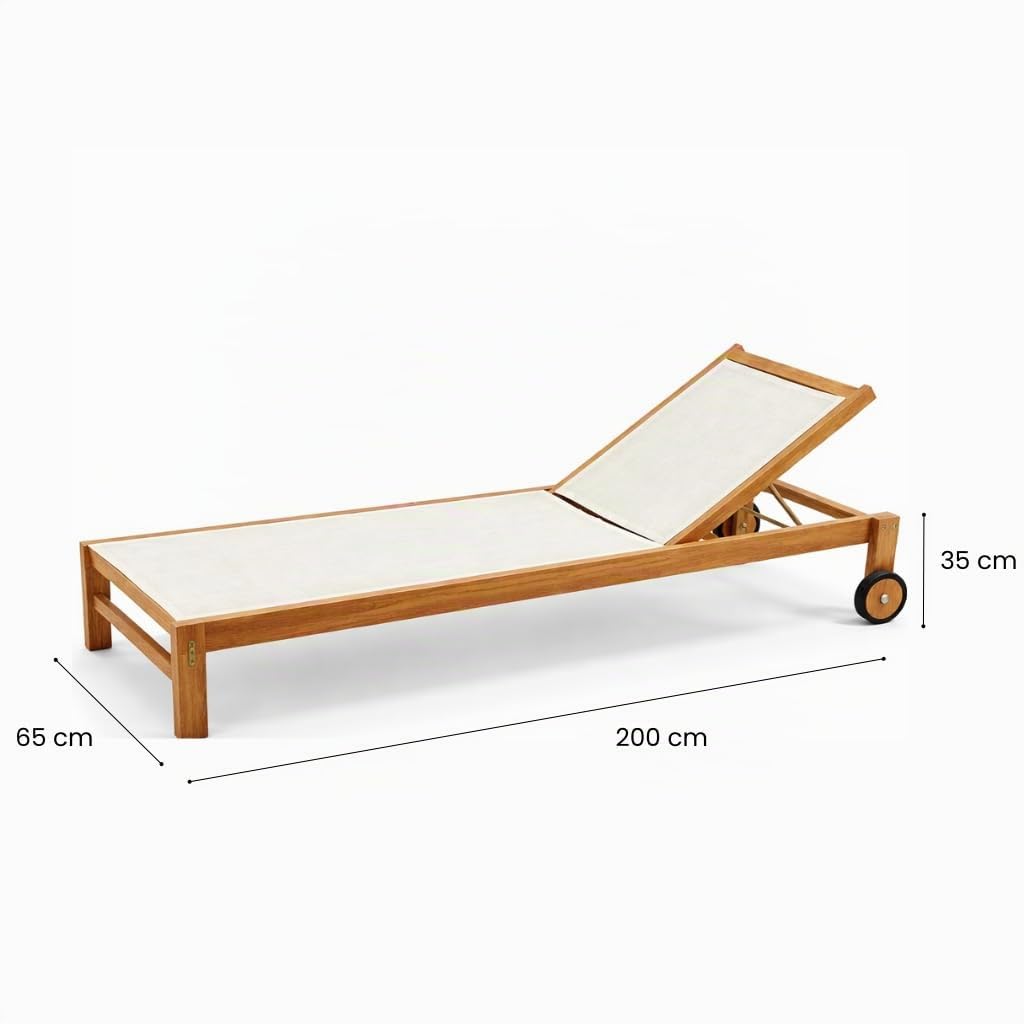 Set 2 Lettini Prendisole in Legno Teak con Ruote JAVA | Sdraio Giardino Reclinabile 4 Posizioni con Tela Traspirante | Lettini Piscina Outdoor Premium | (Beige)