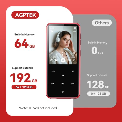 Image of AGPTEK 64GB MP3 Player with Bluetooth, M3 2.4'' Player with Speaker | with FM Radio, Touch Buttons, Supports Up to 128GB(Black Red)