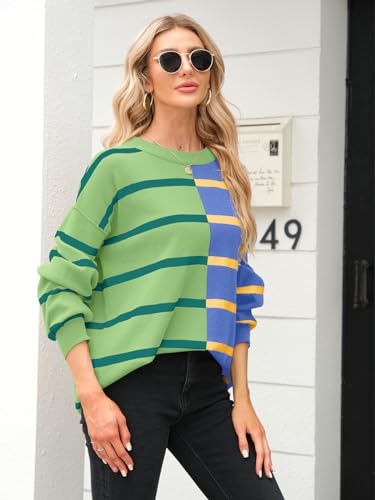 Fisoew Womens Striped Pullover Sweater Crew Neck Long Sleeve Knitted Color Block Casual Loose Lightweight Sweaters for Women3