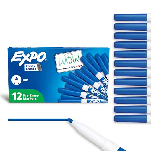 Image of EXPO Dry Erase Markers, Low Odor Ink, Blue, Fine Tip, 12 Count - Whiteboard, Calendar, Organization, Essential Supplies for Office, School, Classroom, Teachers