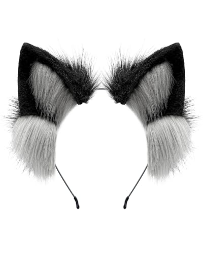 ZFKJERS Furry Fox Wolf Cat Ears Headband Adult Cosplay Costume Hair Accessory for Halloween (Grey Black)