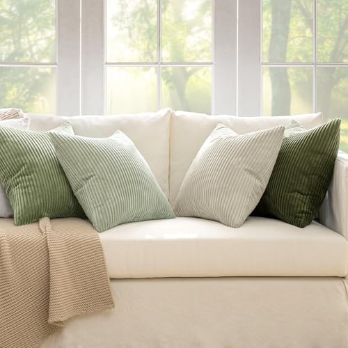 Image of MIULEE Boho Farmhouse Throw Pillow Covers 20x20 Inch Set of 4 Mordern Neutral Green Cushion Covers Soft Corduroy Nordic Home Decor for Spring Couch Bed Sofa Living Room Green-White