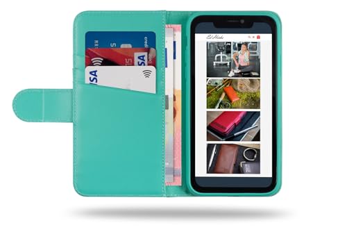 Étui iPhone 16 antichoc avec protection RFID et support vidéo en cuir véritable turquoise