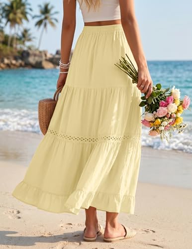 Zelroxa Womens Long Maxi Cotton Summer Boho Tiered A Line Skirts Yellow - image 4