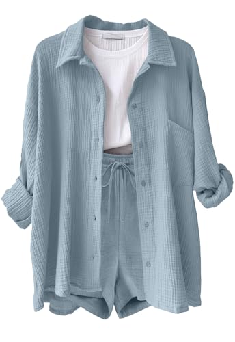 Yutdeng Conjunto Mujer Dos Piezas Casual Lino Traje de Verano Ligero 2 Piezas Conjuntos Chándal Blusa Manga Larga Pantalones Cortos Ropa de Playa Vacaciones Deportivo Casa Trabajo Loungewear Elegante